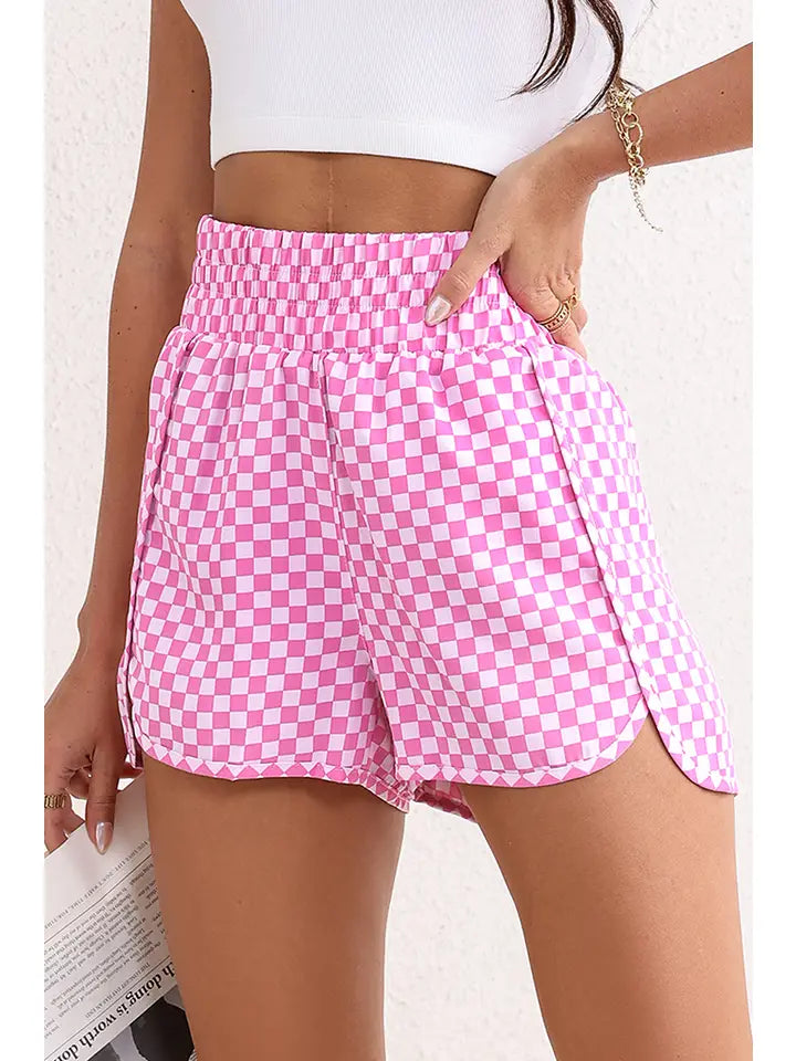 Pink Plaid High Waist Athletic Shorts