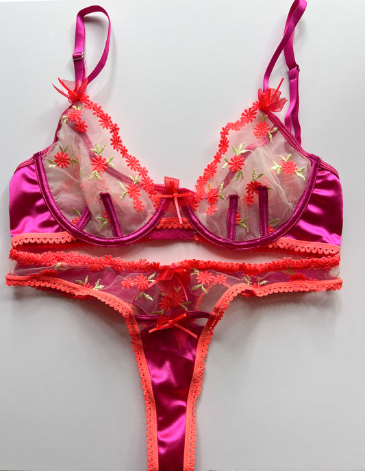 Floral Embroidery Lingerie Set- Orange/Pink